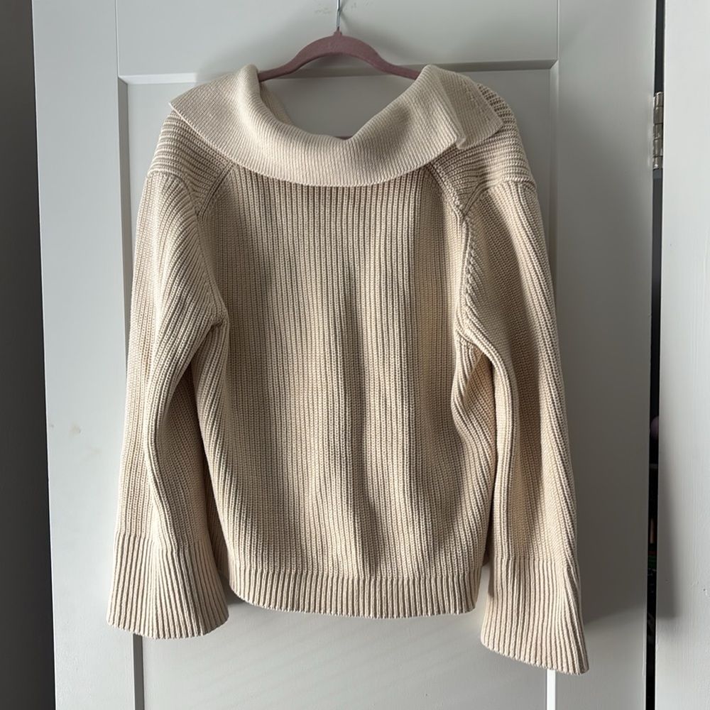 & Other Stories Cream V-Neck Ribbed Collared Cotton Sweater - Picture 4 of 6